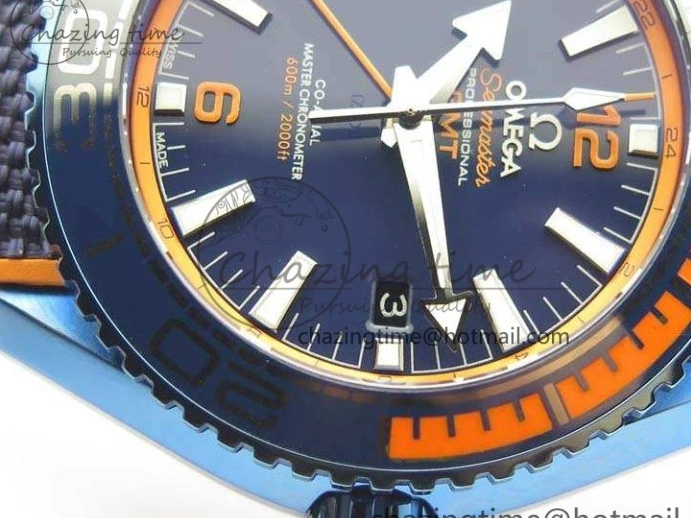 1219 Unique Planet Ocean 45mm GMT Blue DLC Black OMF Best Edition Blue Dial On Blue Gummy Strap A 8123